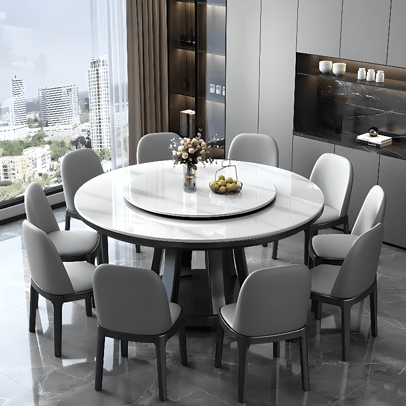Minimalist Rounded Dining Table Set with Stump Base and Fixed Table, White Finish