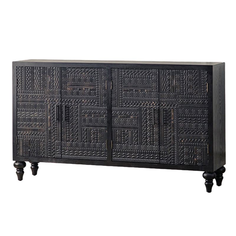 Modern Black Wood Console Cabinet with Cubby Storage and Wood Scoring & Rub Through Detailings - image 5