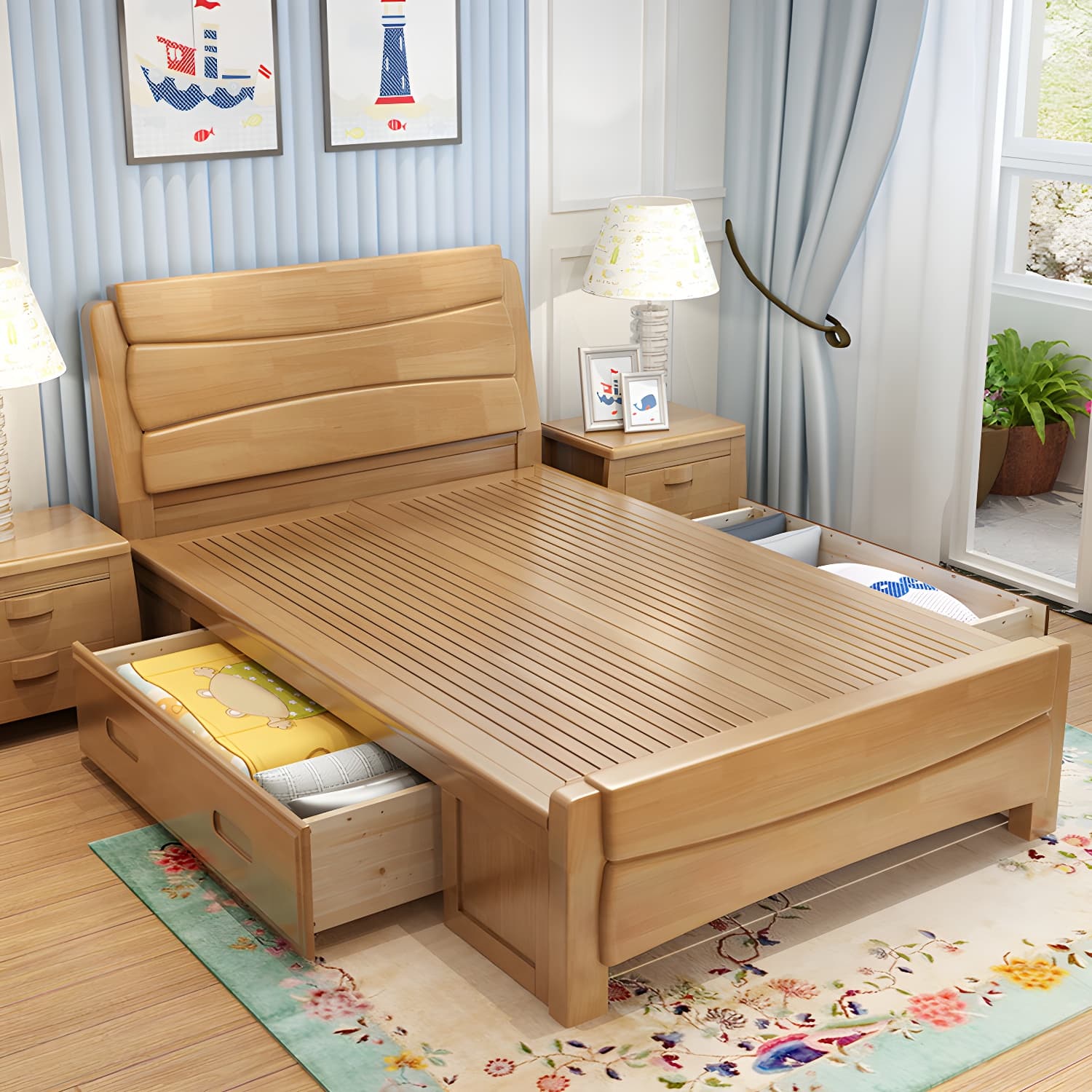 84.65 inch Wide Traditional Bed Frame Rubberwood Standard Bed with Headboard - image 4
