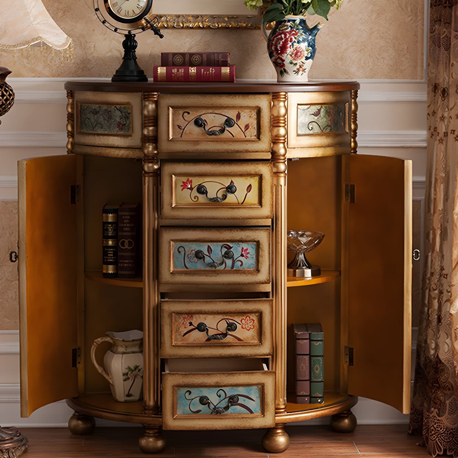 Industrial Bombe Accent Cabinet with Drawers and 2 Doors in Solid Wood - image 14