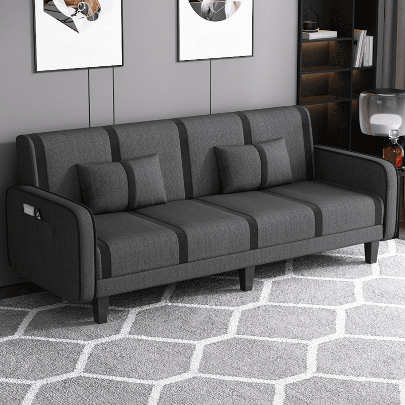 Striped Convertible Sofa in Pu Leather/Flannel with Cerulean/Light Brown/Off-White Upholstery and Armrest - image 5