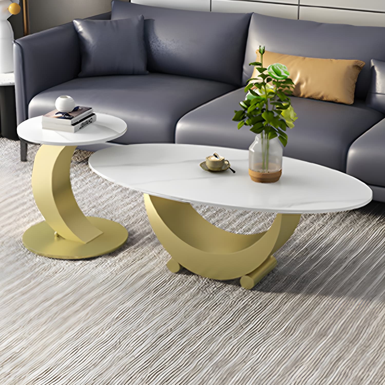 2 Piece Nesting Tables Oval Minimalist Modern Coffee Table Set - image 13