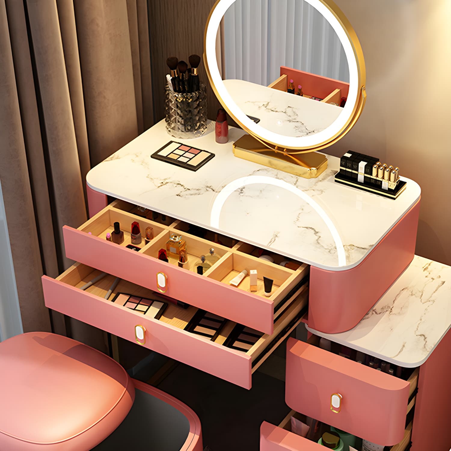 Stone Top Vanity with Storage Drawers Makeup Vanity Desk with Stool and Mirror - image 15