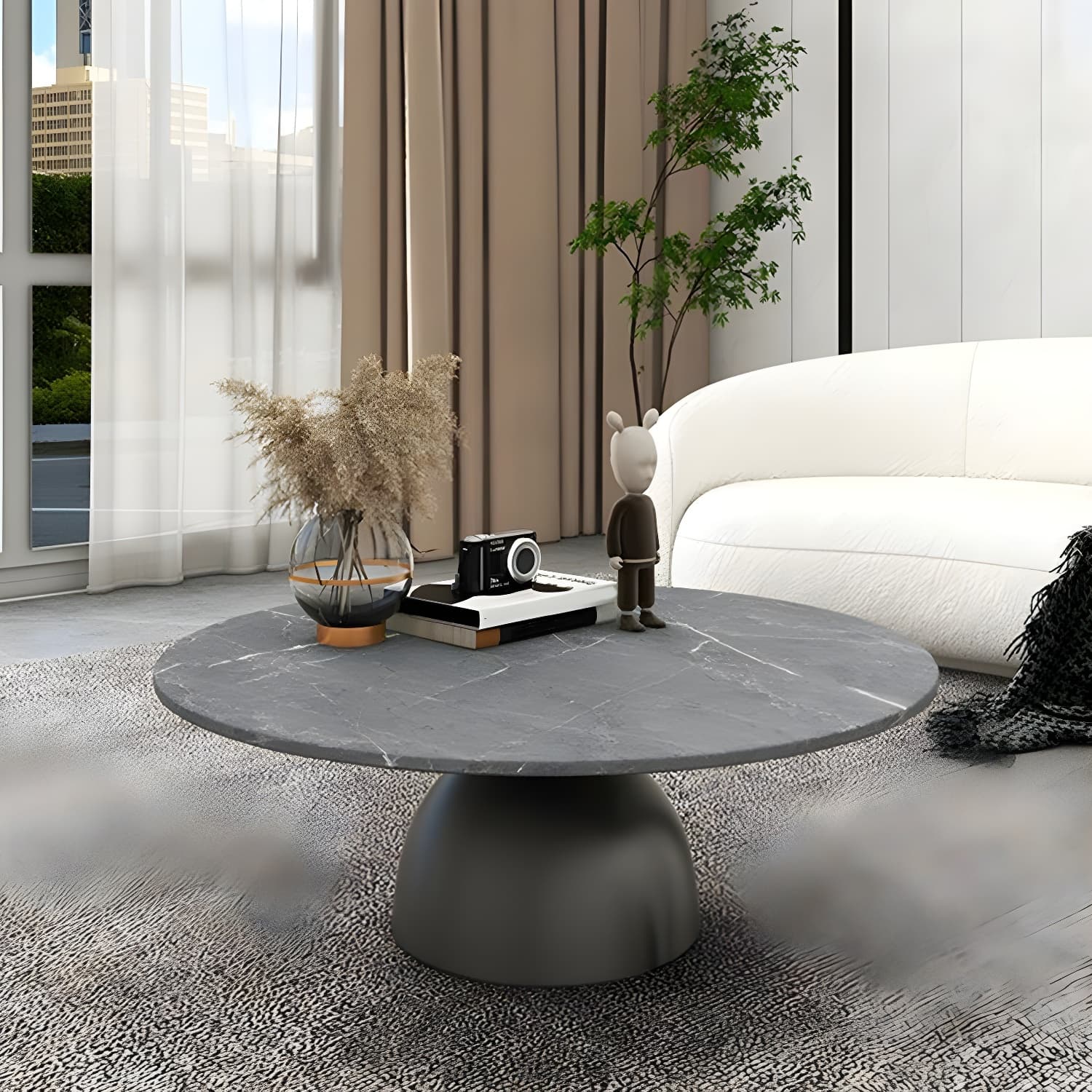 Round Stone Glam Coffee Table with Pedestal Iron Base and Built-in Storage - image 14