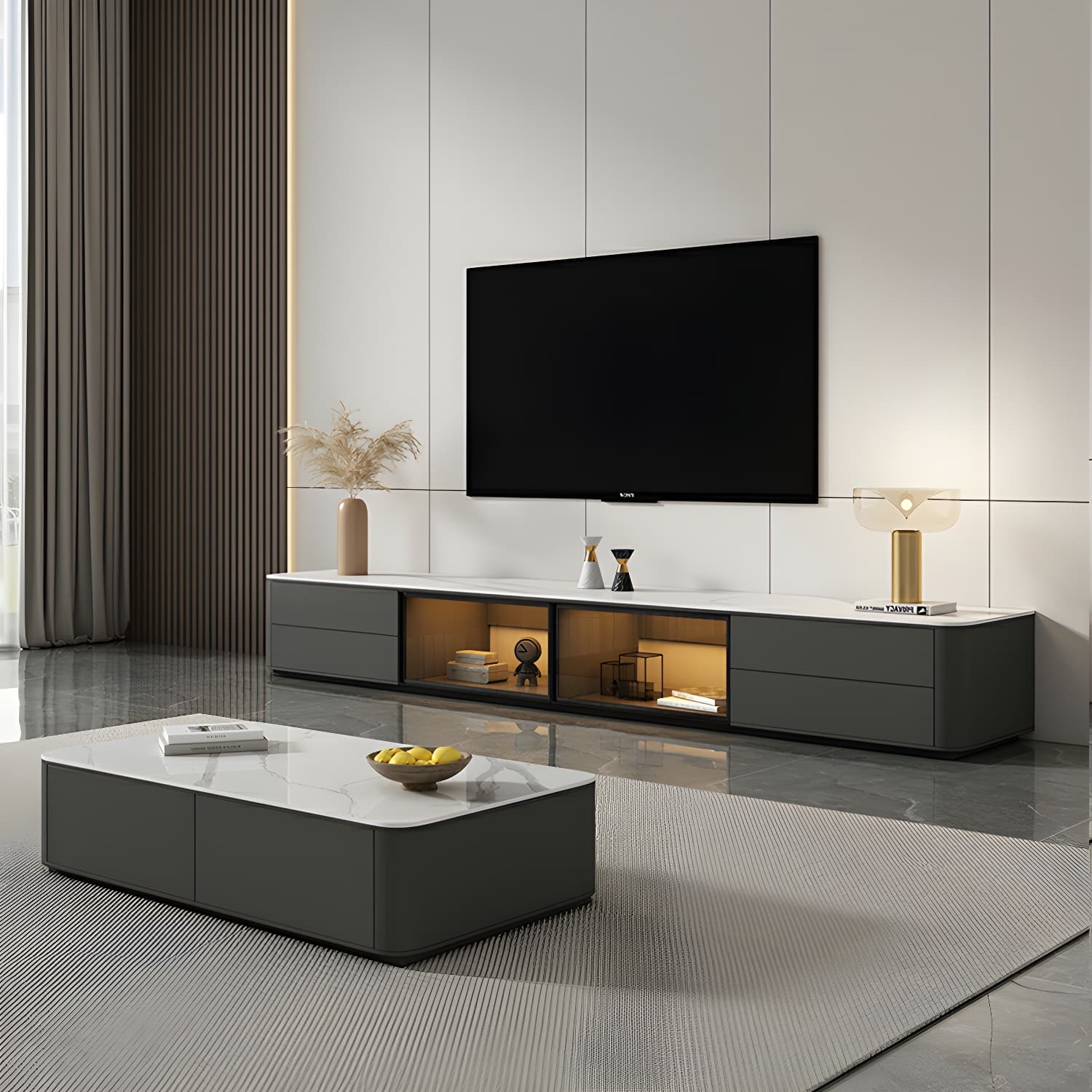 Grey Stone TV Stand with Drawers and Cabinet and No Cable Management for Modern-Style Long TVs - image 9