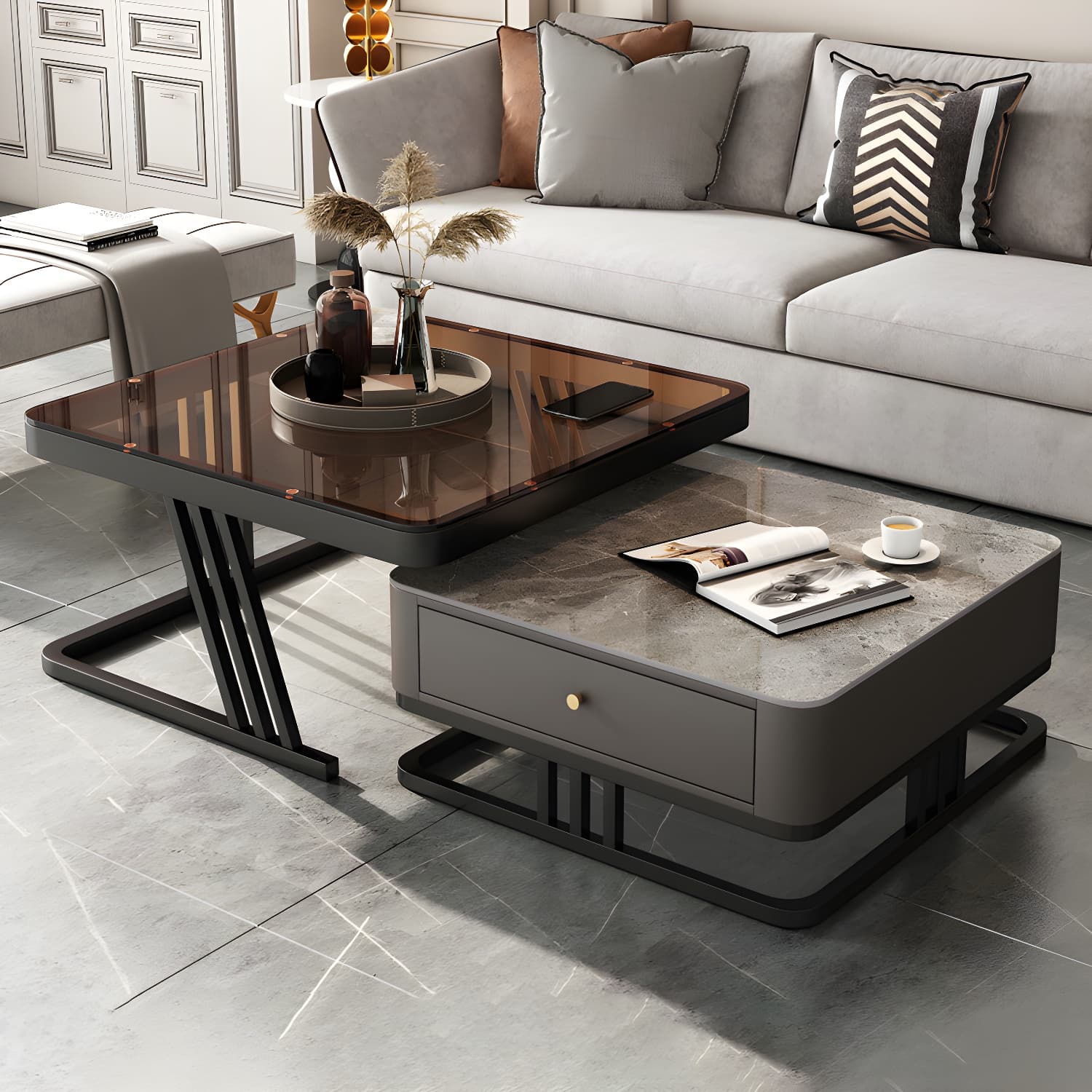 Modern Round Glass / Slate Cocktail Table Steel Frame Coffee Table with Drawer - image 3