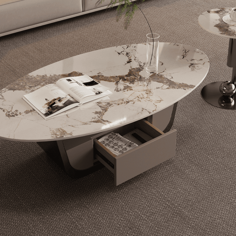 Glamorous Oblong Stone Coffee Table with Abstract Base, Scratch-proof and Drawer for Small Spaces - image 6