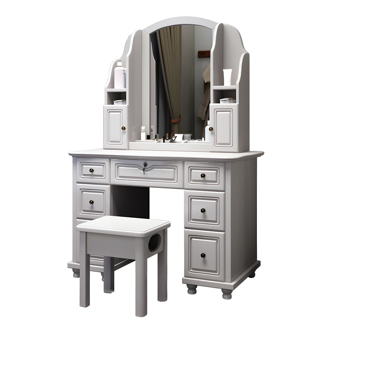 Traditional Solid Wood Makeup Dressing Table 60.23" H Vanity Set with Stool and Mirror - image 5