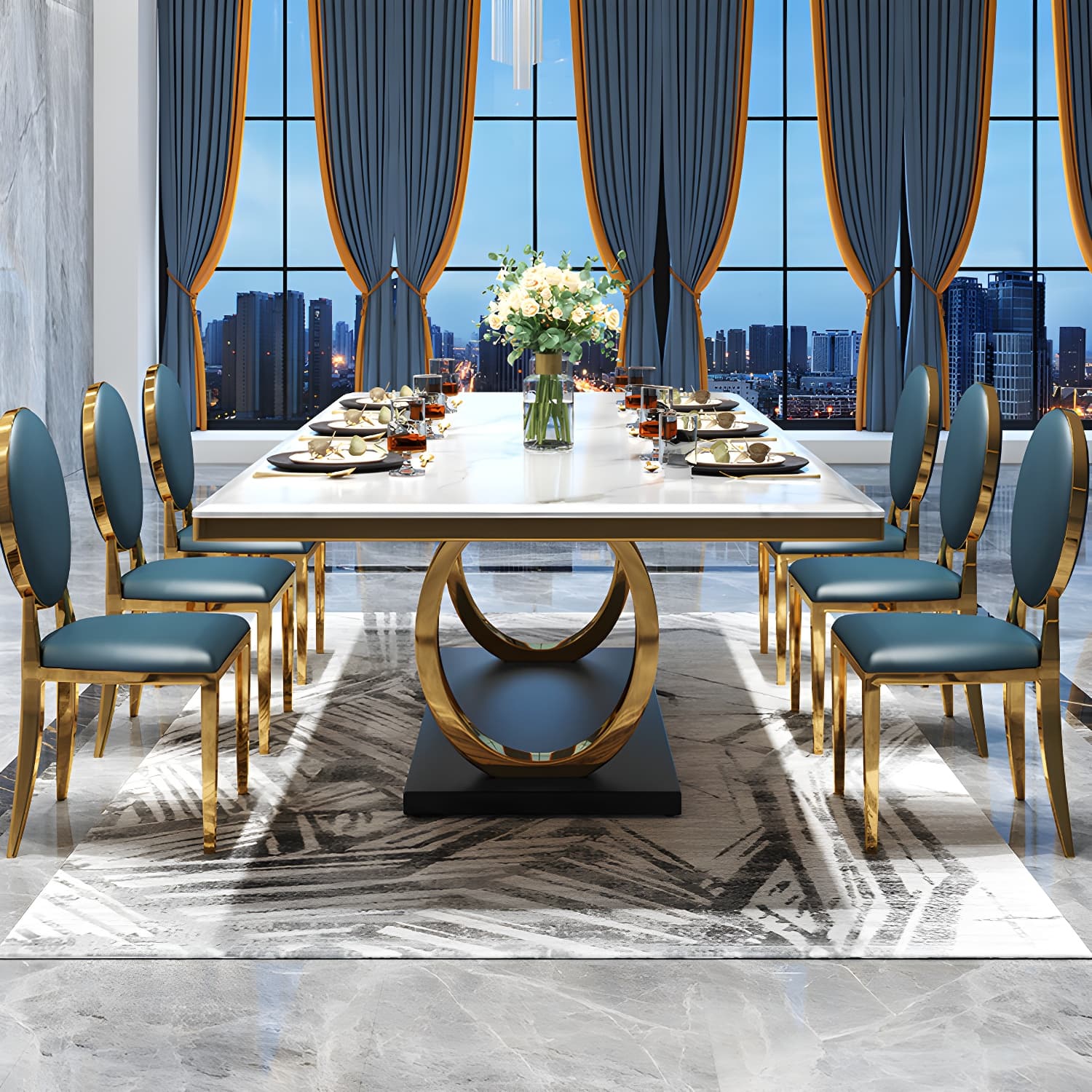 White Stone Top Table Luxury Rectangle Gold Base Dining Table