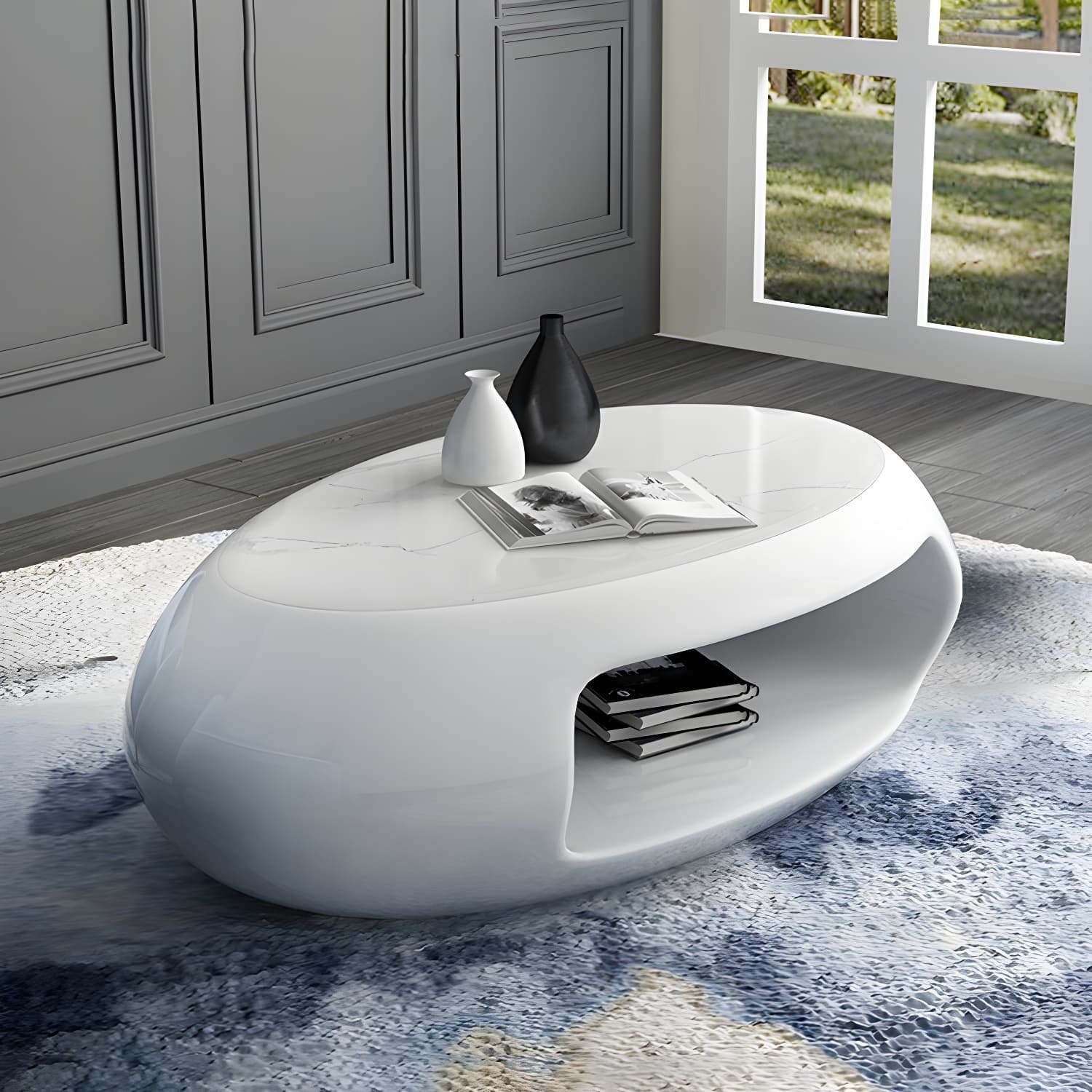 Modern Oval Coffee Table with Storage Shelf and Plastic Pedestal Base - image 14