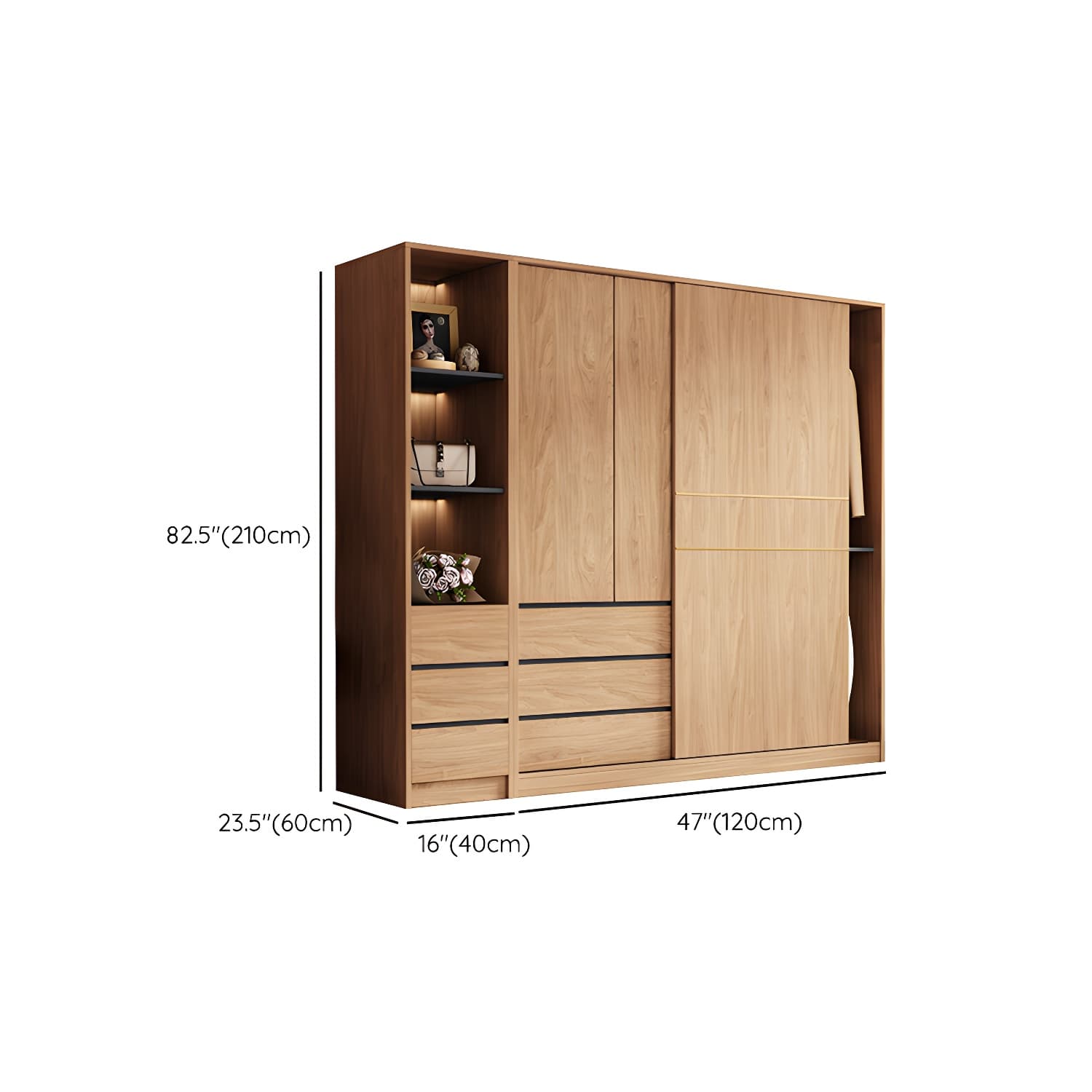 Natural Finish Wardrobe Armoire Sliding Wardrobe Cabinet with Drawer - image 19