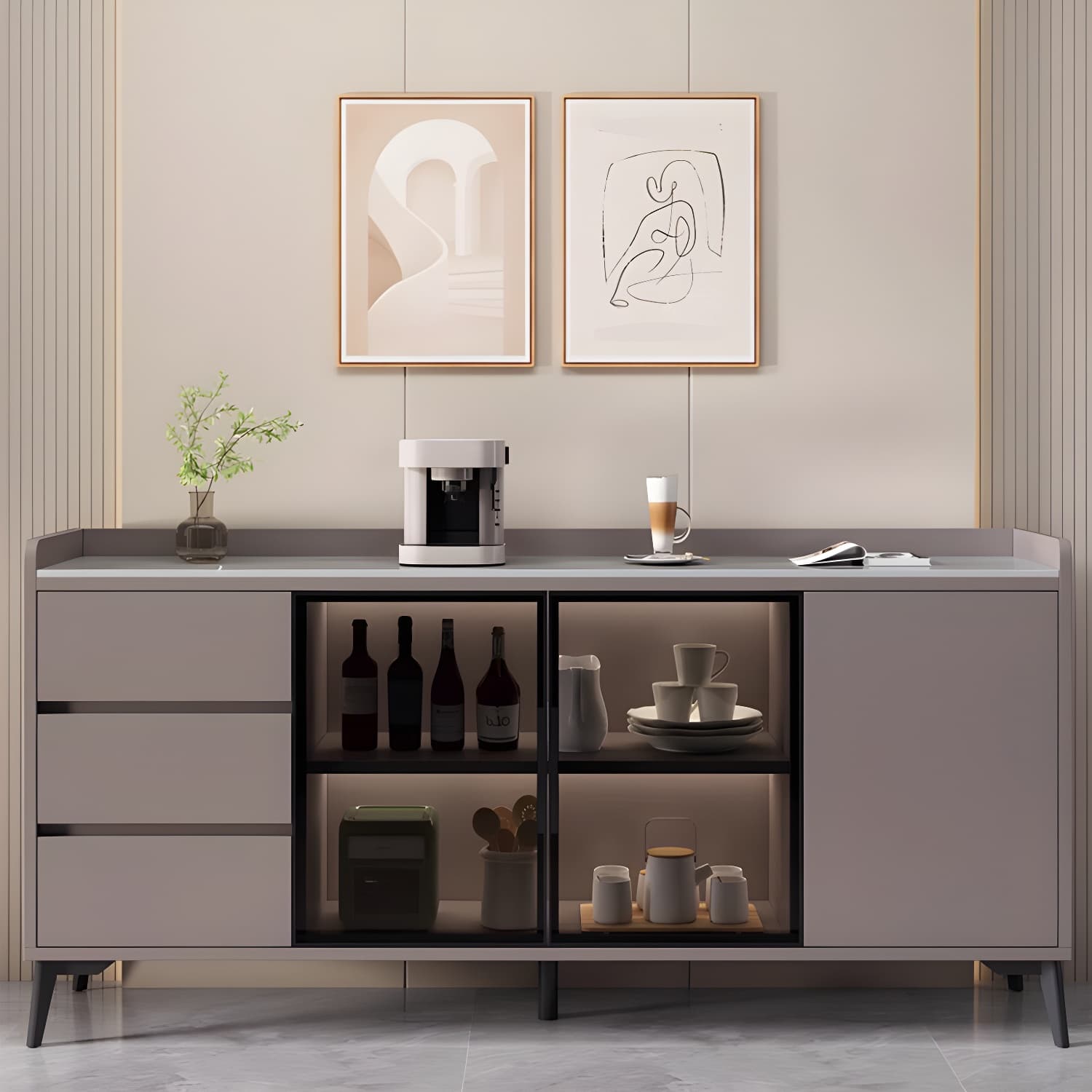 Stone Top Modern Wood Sideboard Credenza with 3 Drawers and Glass Doors - image 7
