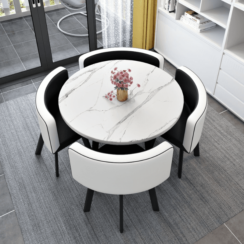 Minimalist Dining Table Set with Rounded Recycled Wood Top, Padded Chair, Back Seat, White Color