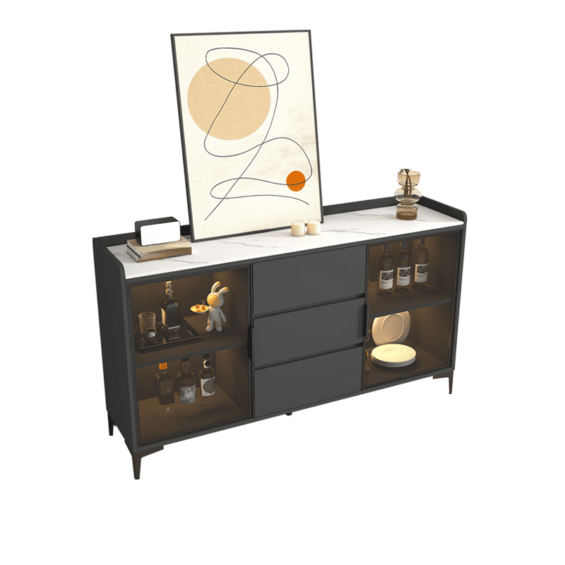 Ground Buffet Table/Server with Stone Countertop, Glass Doors, and Flexible Shelf Storage Compartment