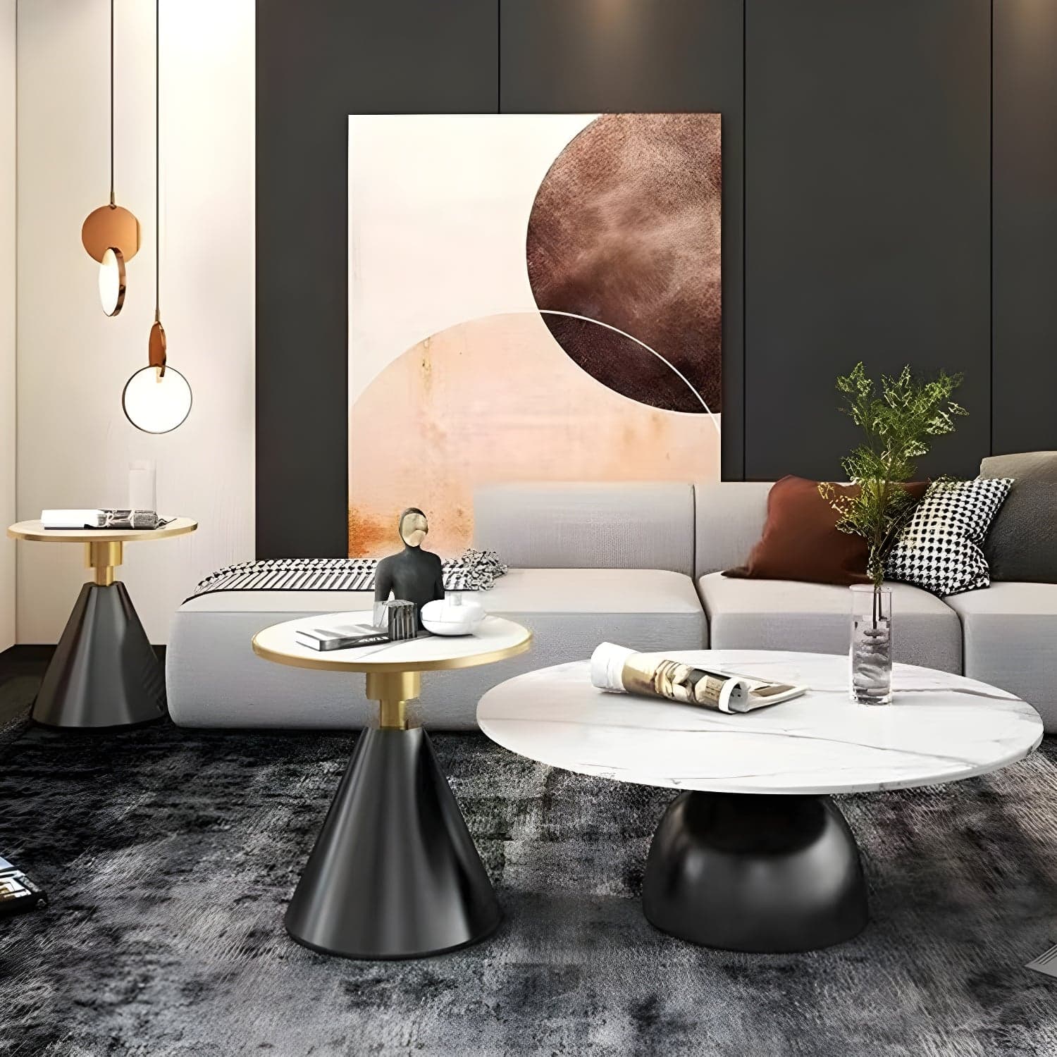 Round Stone Glam Coffee Table with Pedestal Iron Base and Built-in Storage - image 3