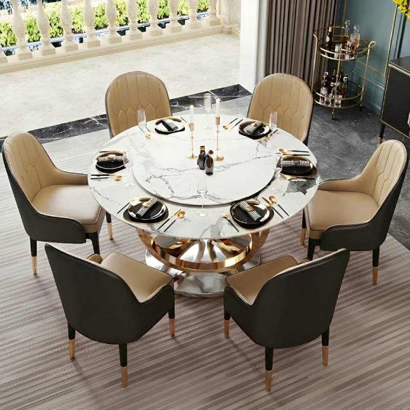 Round Marble Modern Dining Table with Gold Steel Pedestal Base - Standard Height - image 3