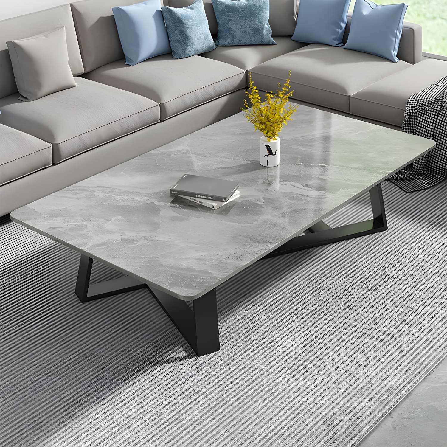 Stone and Metal Coffee Table Contemporary Coffee or End Table with Cross Legs - image 7