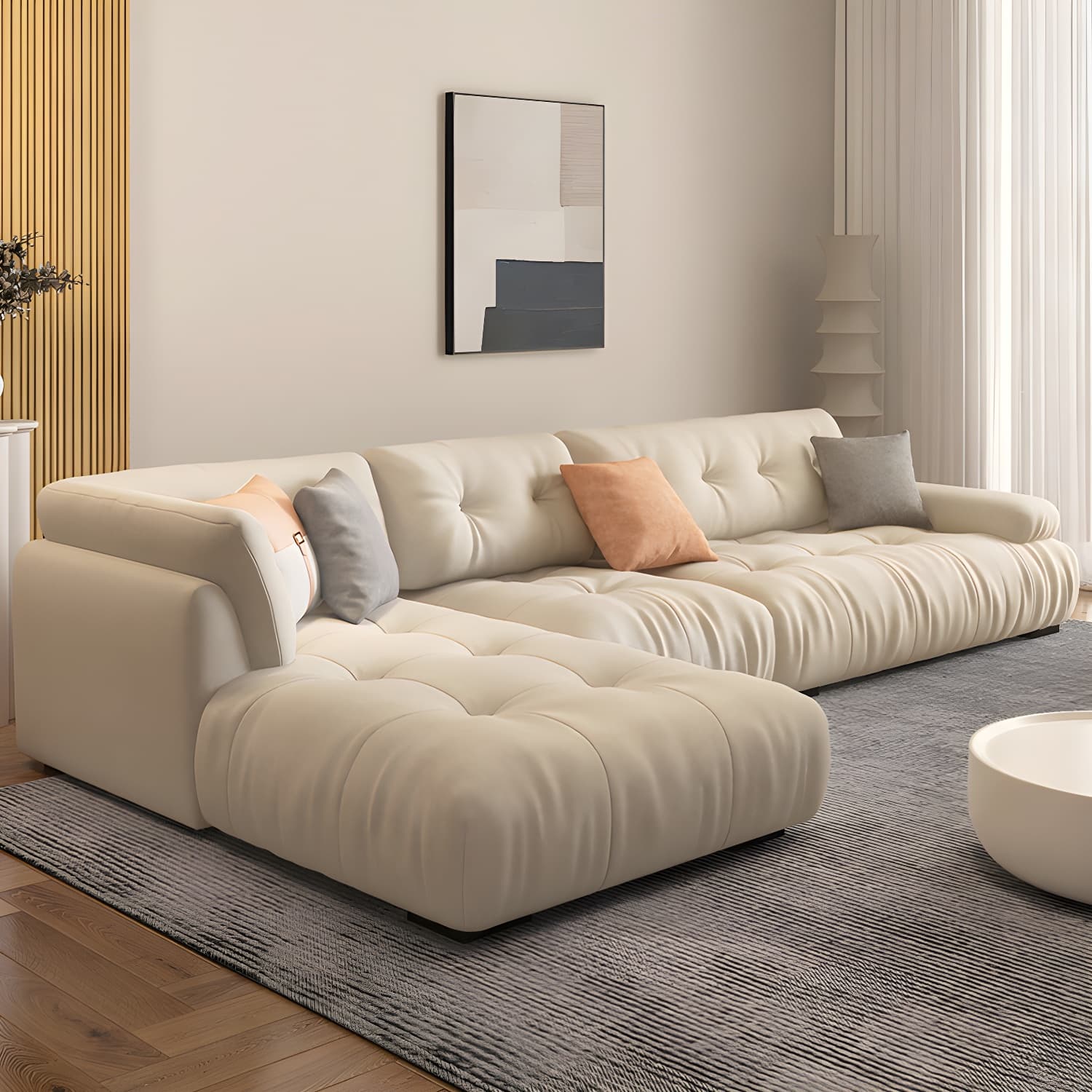 Flannel Upholstered Sectional Sofa in Gray with Scandinavian Wooden Frame