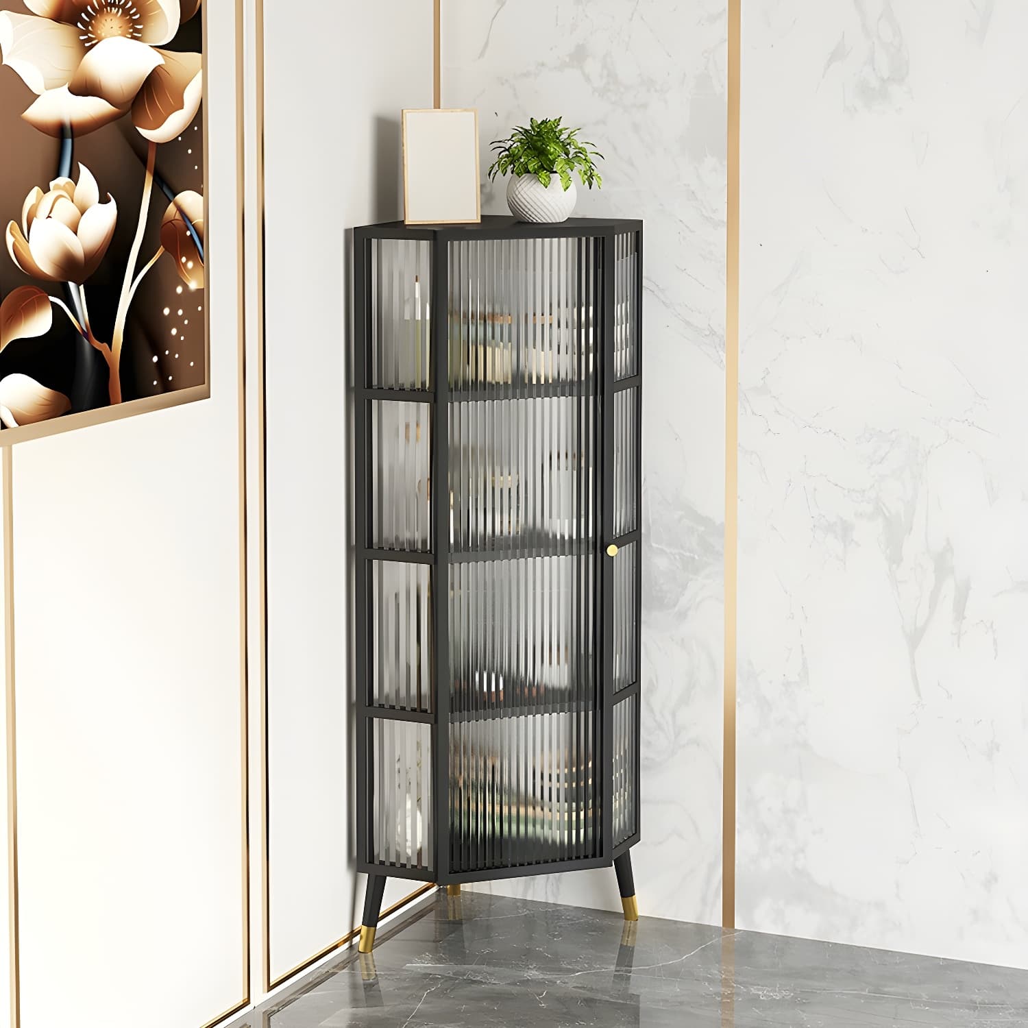 Contemporary 1-door Iron Frame Corner Cabinet with Glass Door - image 4