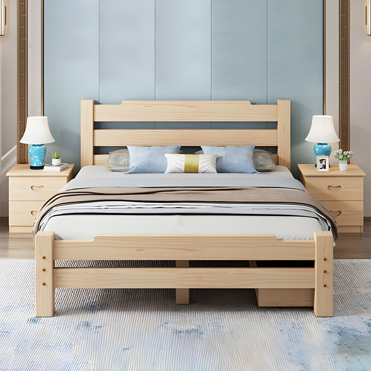 Pine Wood Bed in Light Brone Scandinavian Bed with Headboard - image 11