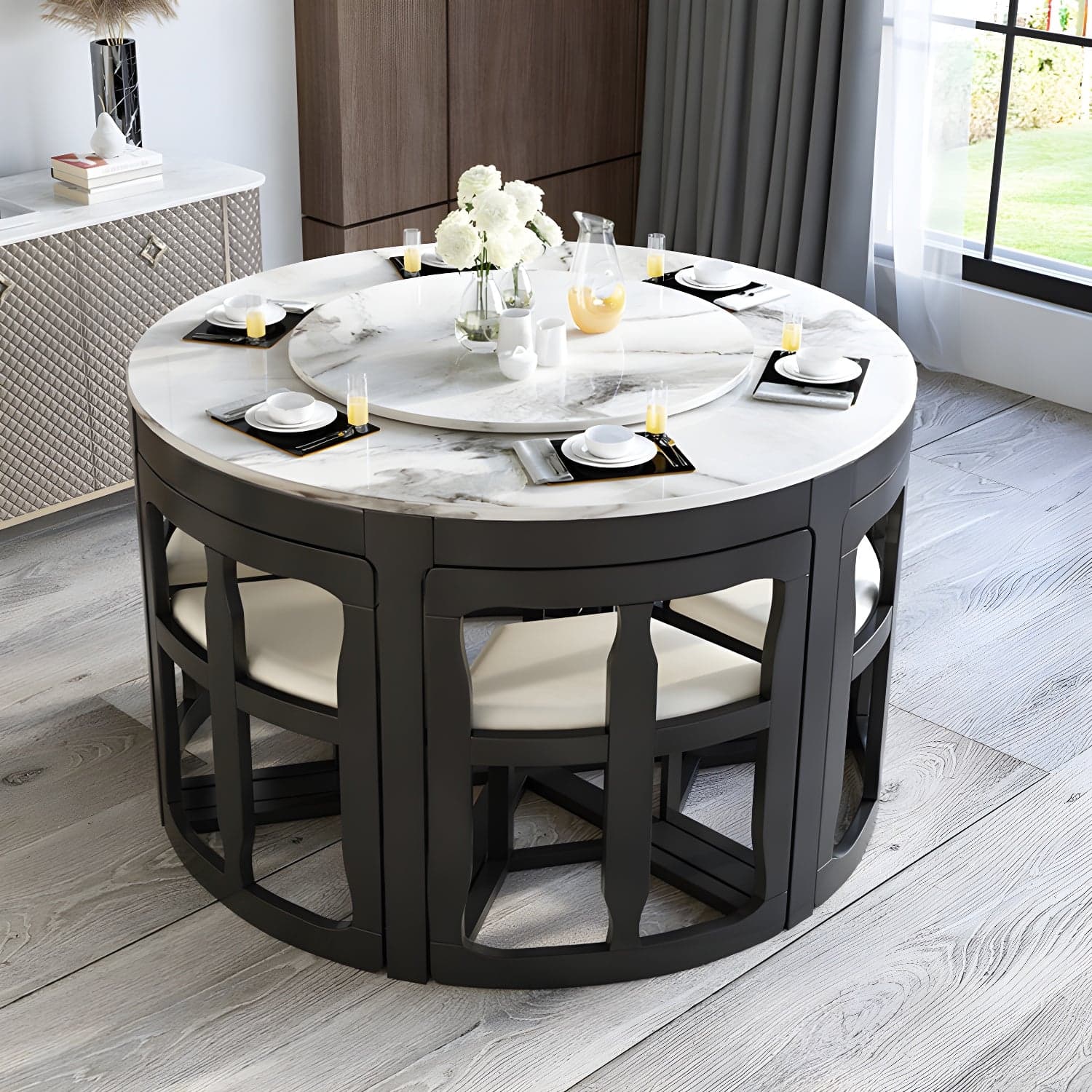7-Piece Modern Wood Dining Set with Trestle Base and Upholstered Chairs in White - Seats 6 - image 3