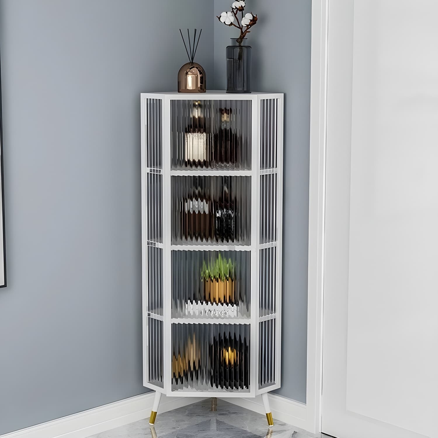 Urban Modern Iron Corner Accent Cabinet with Glass Doors and Exterior Shelving - image 4
