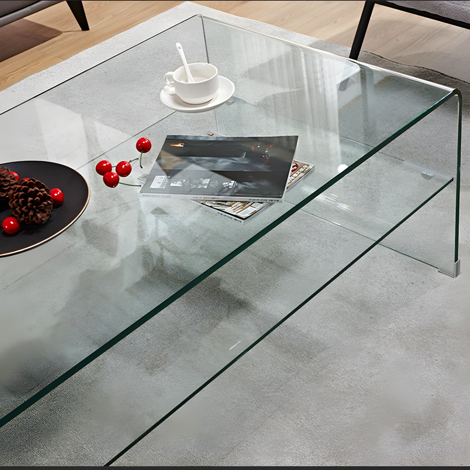 15.7"H Modern Sled Base White/black Glass Square Coffee Table with Shelf - image 8