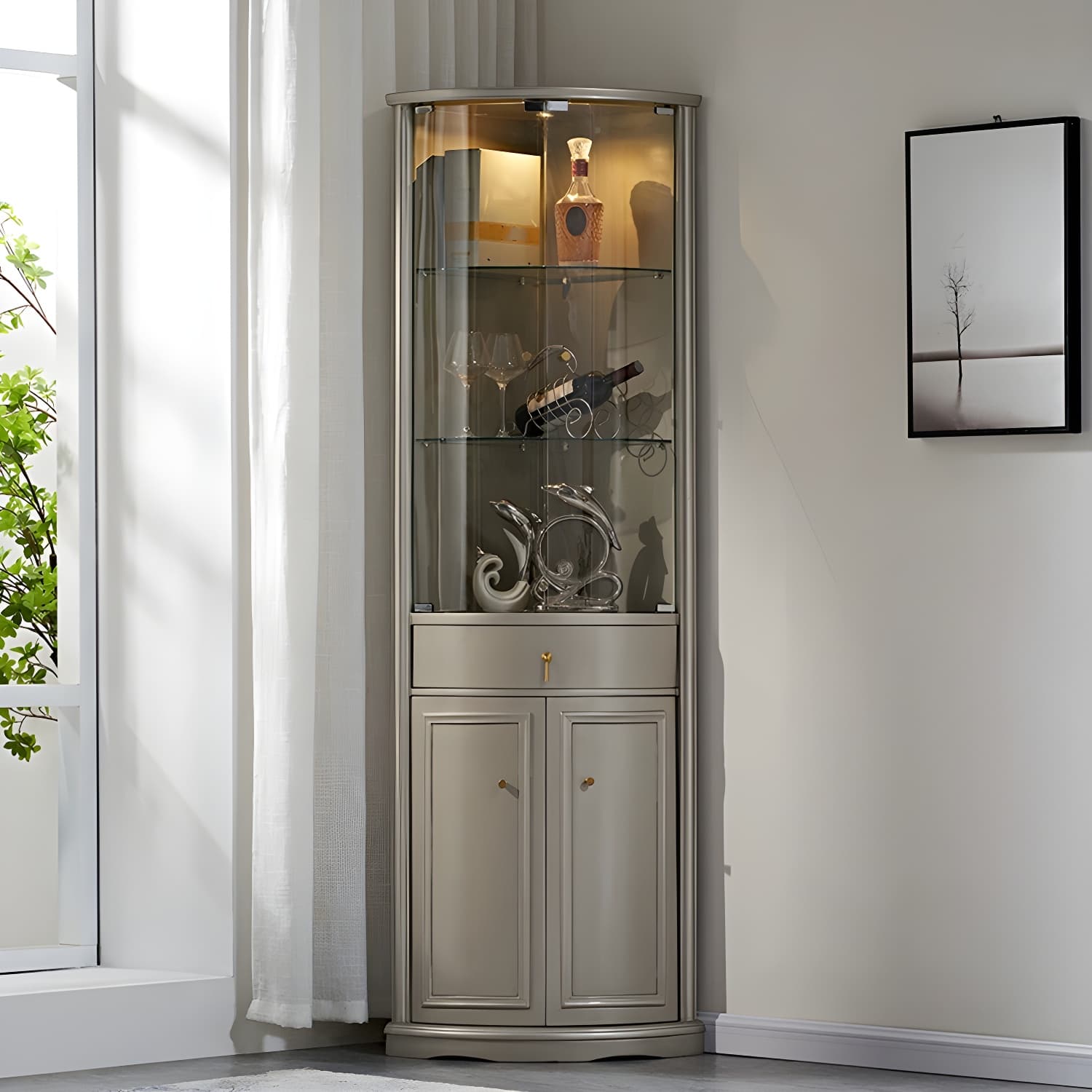 Corner Mid-Century Modern Accent Cabinet with Wood Countertop, Glass Doors, and Drawers Included - image 15