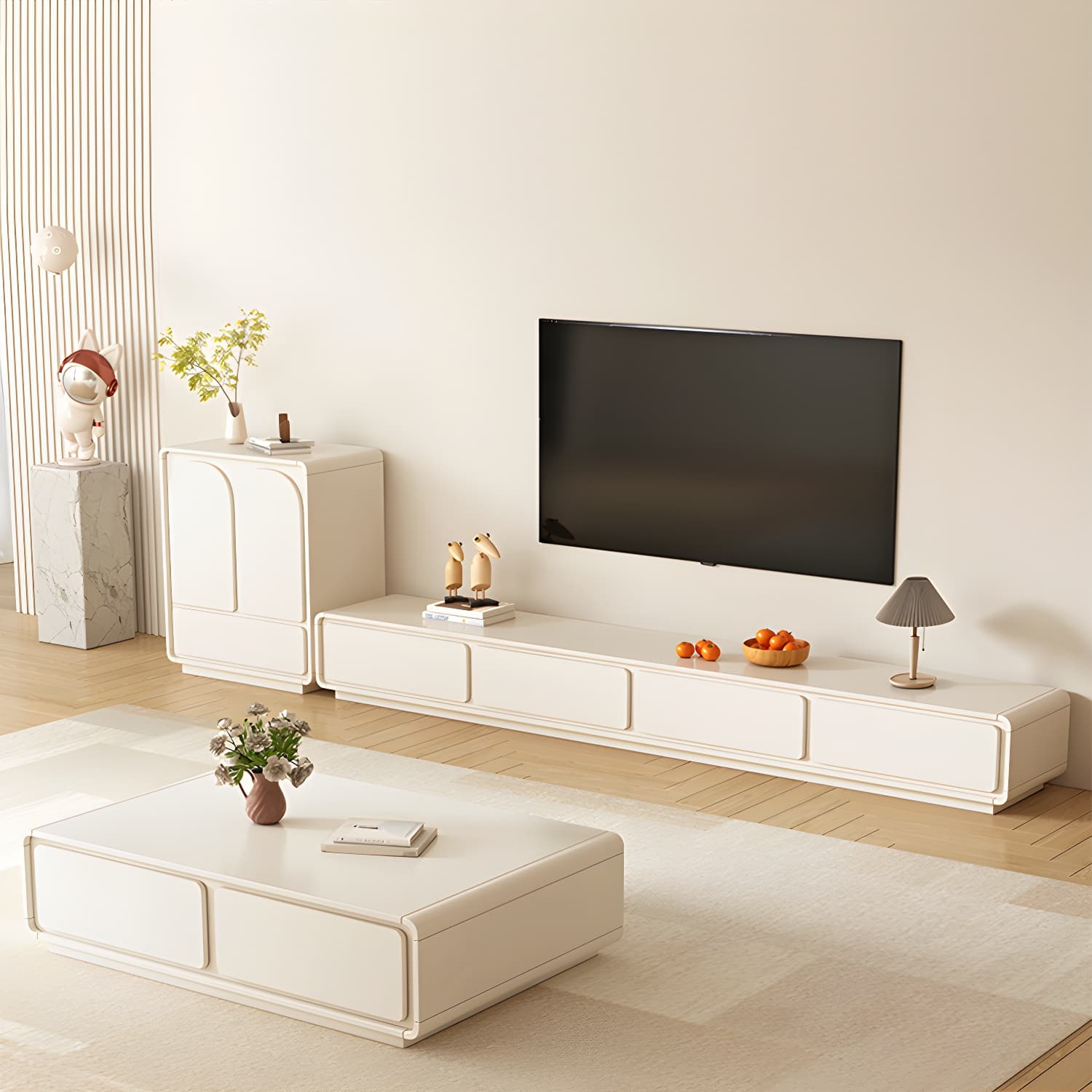 Beige Modern TV Stand with Soft Close Drawers - Cable Management - No Assembly Required