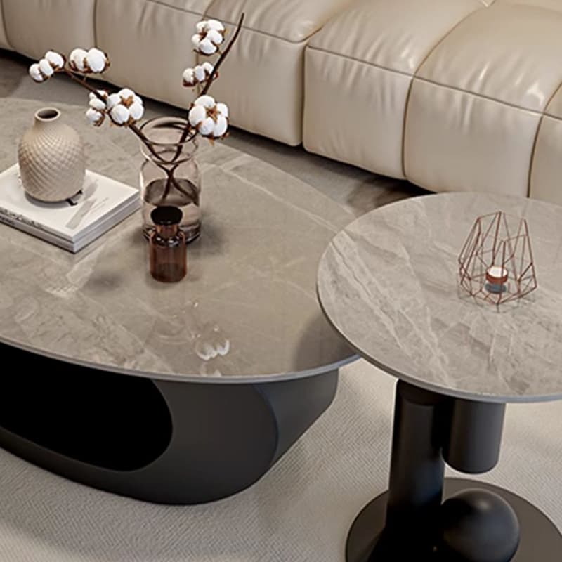 Modern Oval Stone Top Coffee Table, Abstract Iron Base, Scratch Resistant - image 12