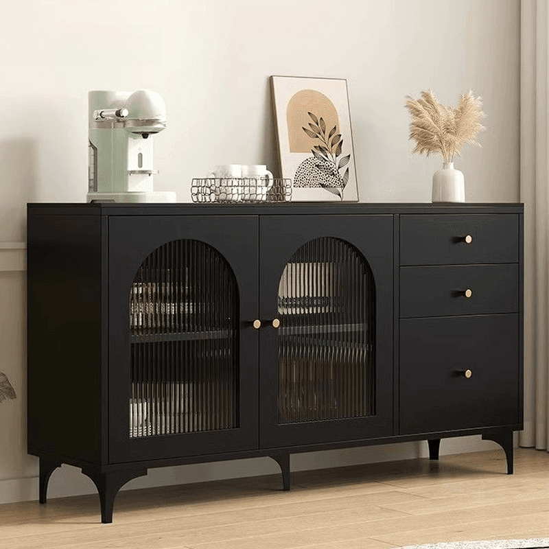 Narrow/Standard Coal Sideboard in Wood with Hutch, Glass Doors and Flexible Shelf in a Modern Style, 3 Drawers Included/Not Included