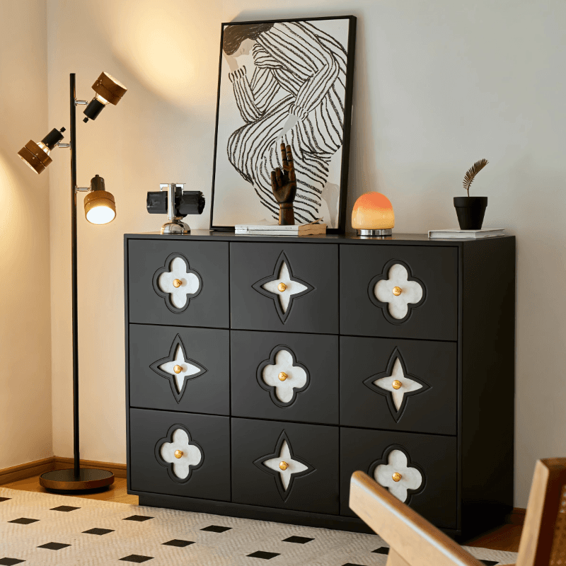 Simple Midnight Black Horizontal/Vertical Lumber Double Dresser/Lingerie Chest with 9 Drawers/5 Drawers/6 Drawers