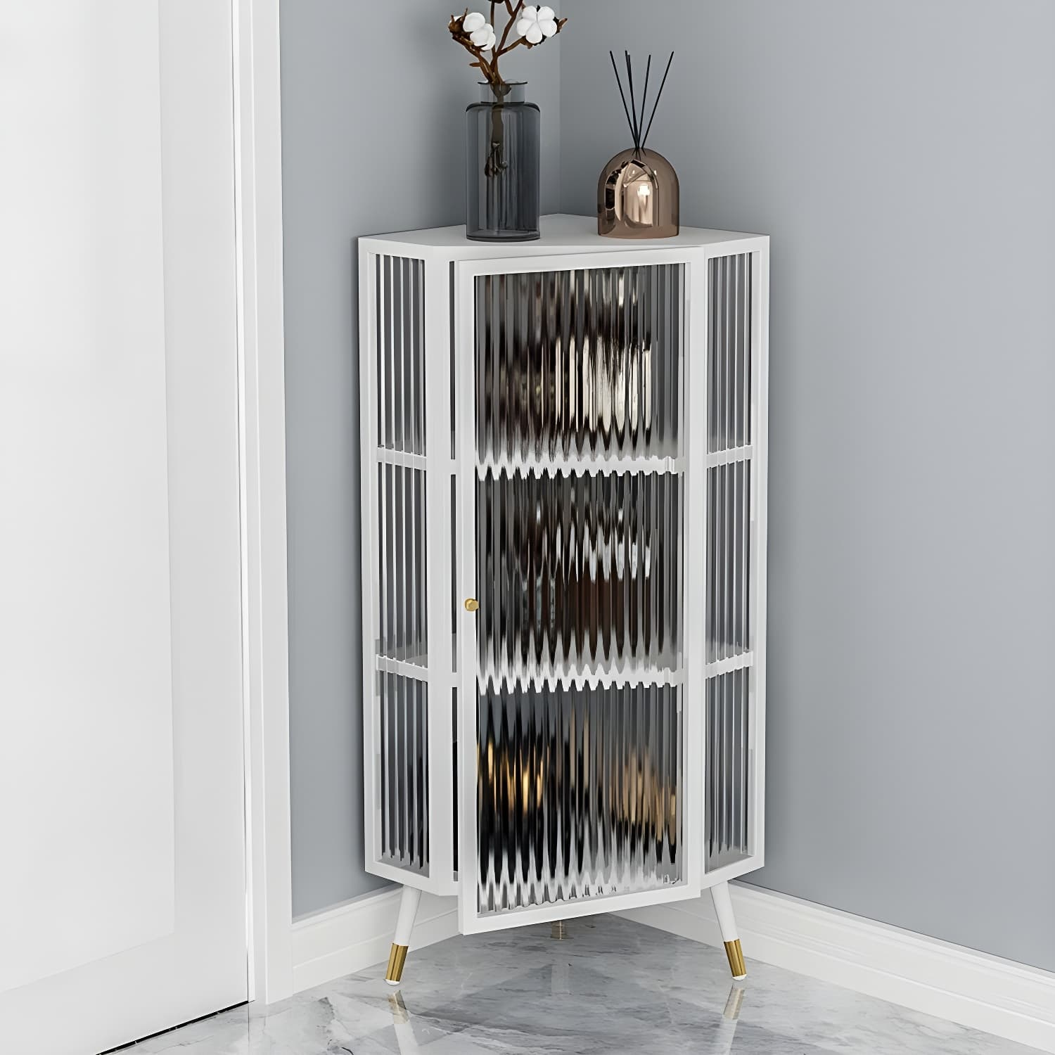 Urban Modern Iron Corner Accent Cabinet with Glass Doors and Exterior Shelving - image 6