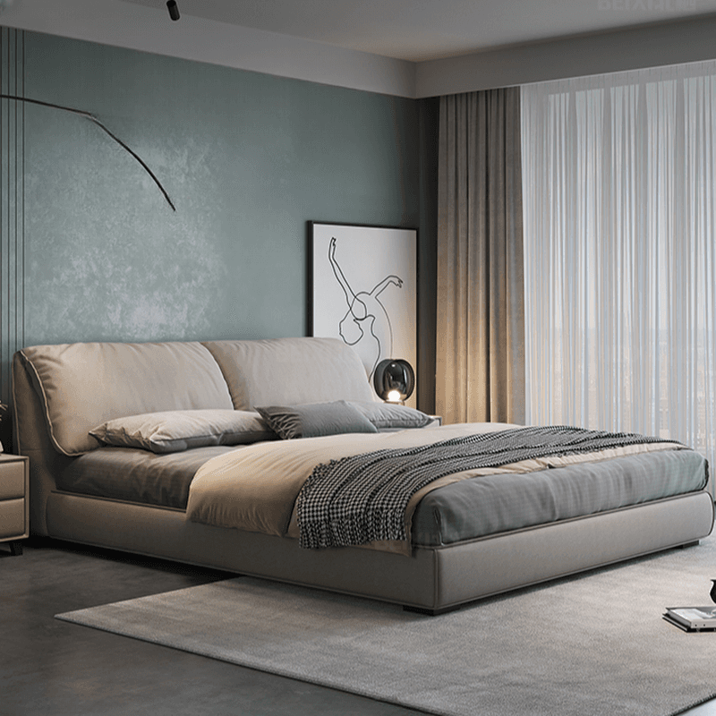 Grey Storage Included Panel Bed with 3 Storage Boxes, Natural Wood Frame, Panel Headboard, and Sponge Upholstery