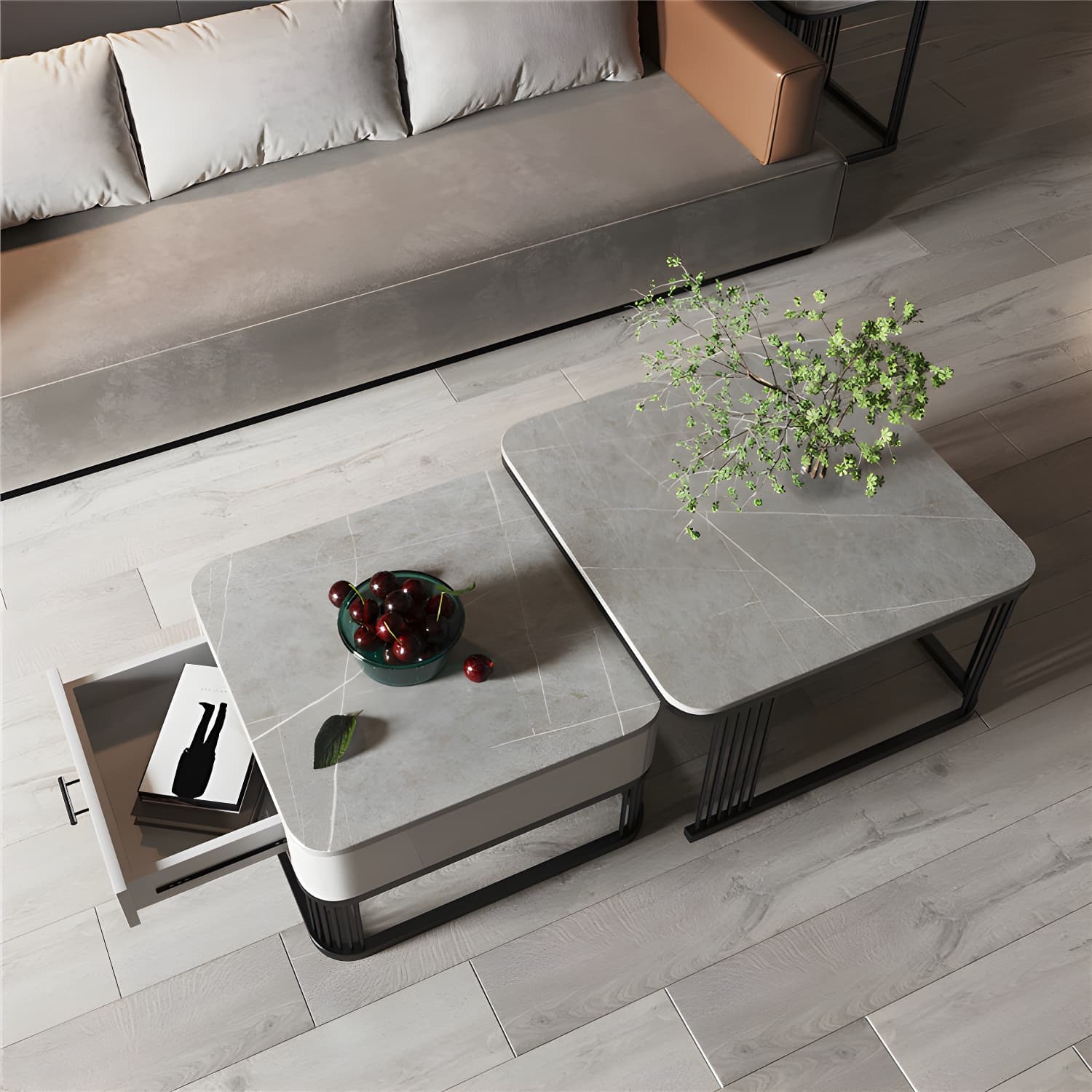 Square Slate Top Coffee Table with Drawers Frame Base 2 Nestling Cocktail Table - image 6