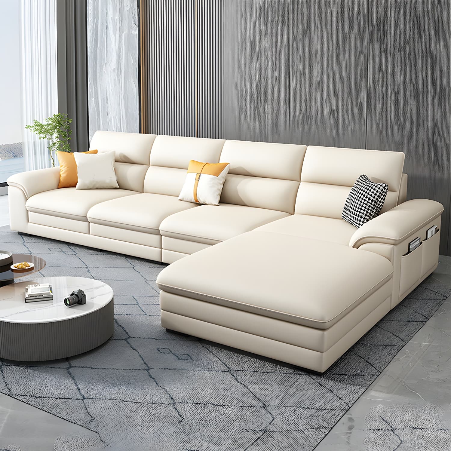 Modern Beige Stationary Sectional Sofa in Scratching Cloth with Wood Frame and Pillow Top Arms - image 15