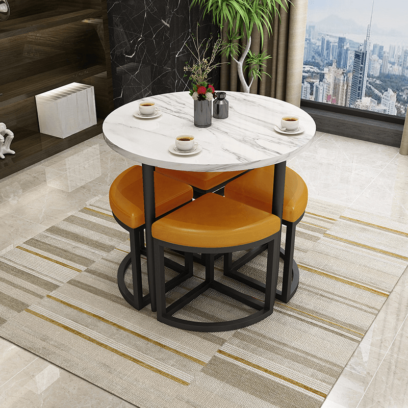 Reclaimed Wood Round Dining Table Set with Metal Toboggan Base and Upholstered Backless Chairs for 4 People - image 25