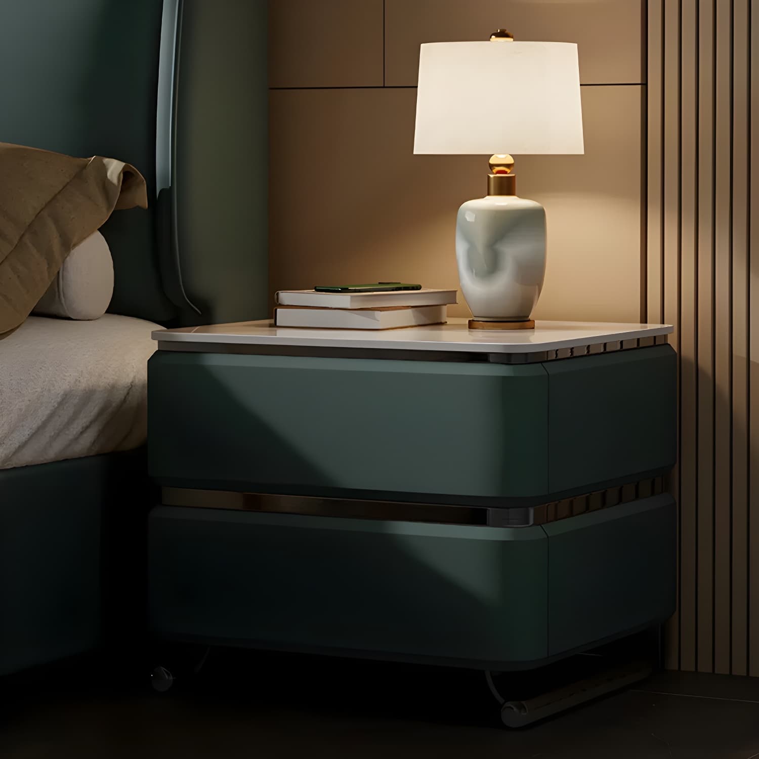 Small Modern Faux Leather Nightstand with Drawer Storage in Stone Finish - image 3