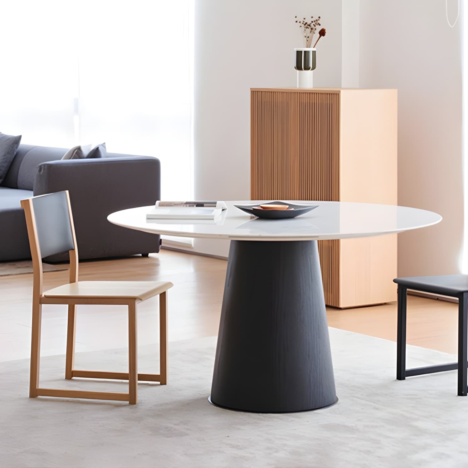 Modern Round Dining Table White Stone Tabletop with Wood Pedestal Base - image 6