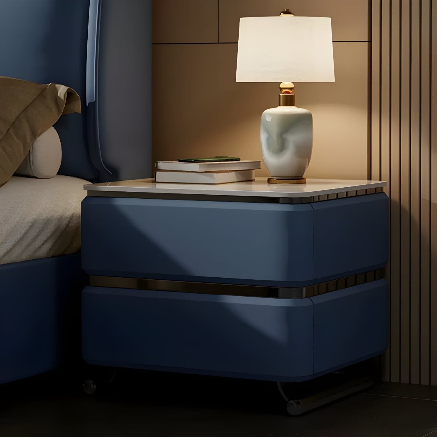 Small Modern Faux Leather Nightstand with Drawer Storage in Stone Finish - image 7