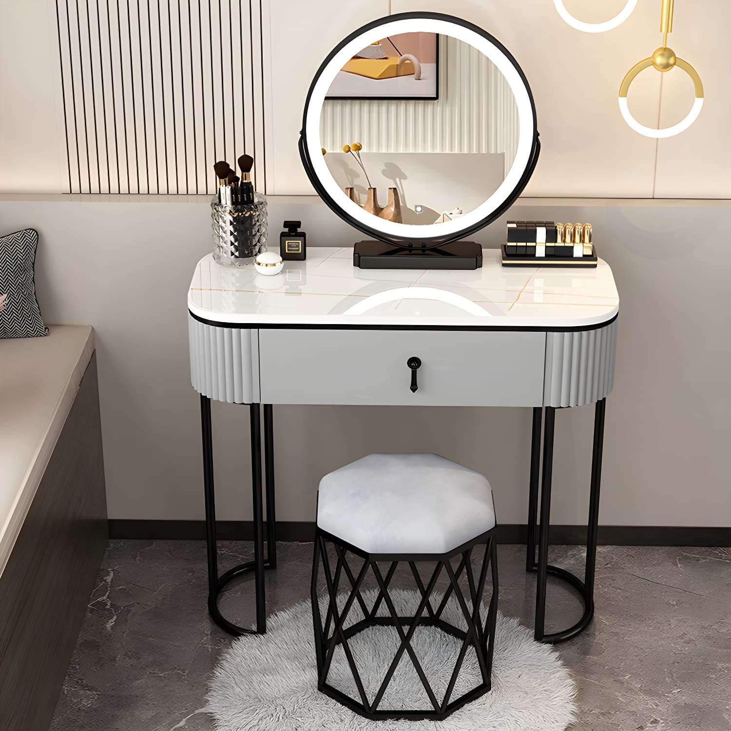 Removable Makeup Counter Lighted Mirror Vanity Dressing Table with Drawer - image 5