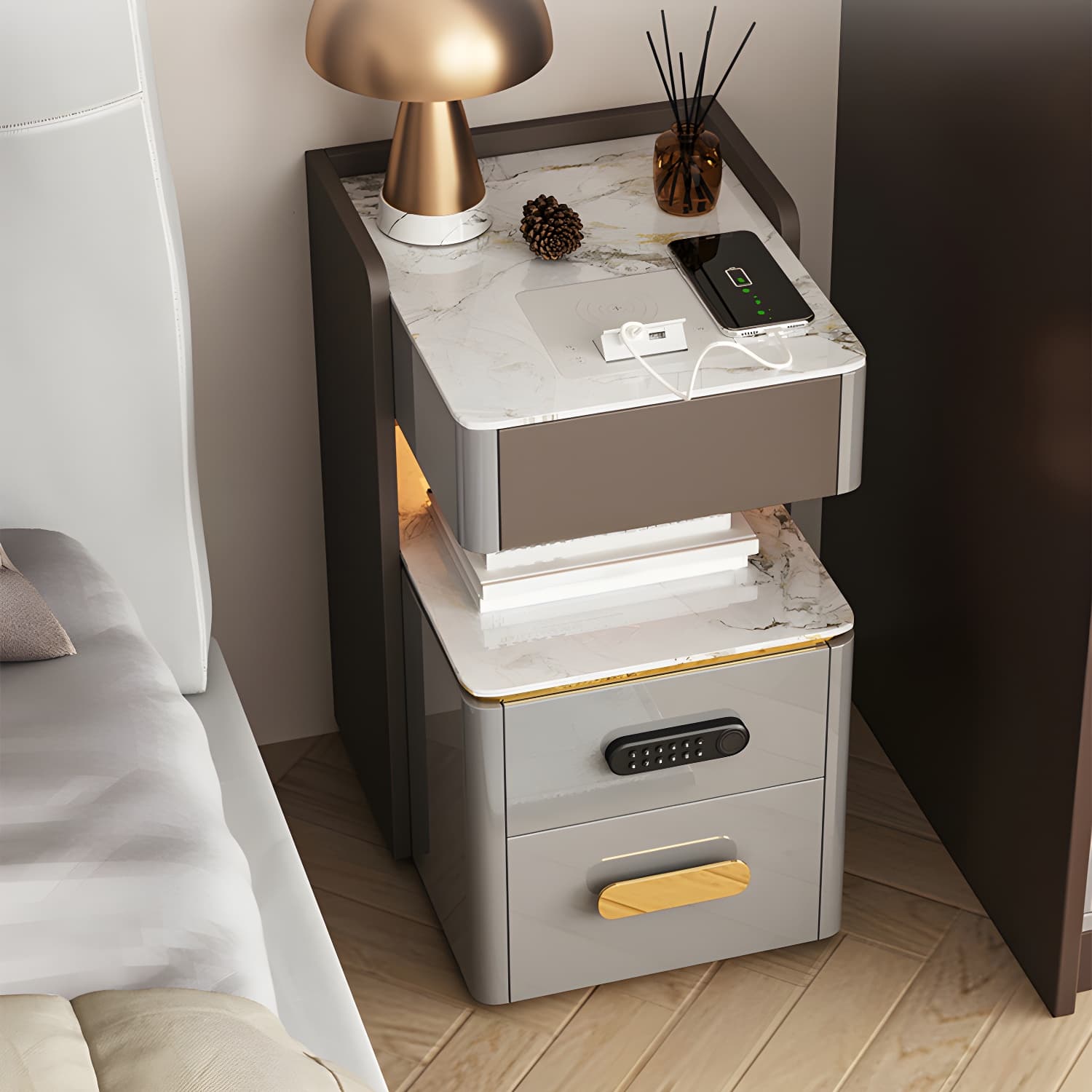 3-Drawer Nightstand with USB charging 21.65" Tall Faux Leather Nightstand - image 7