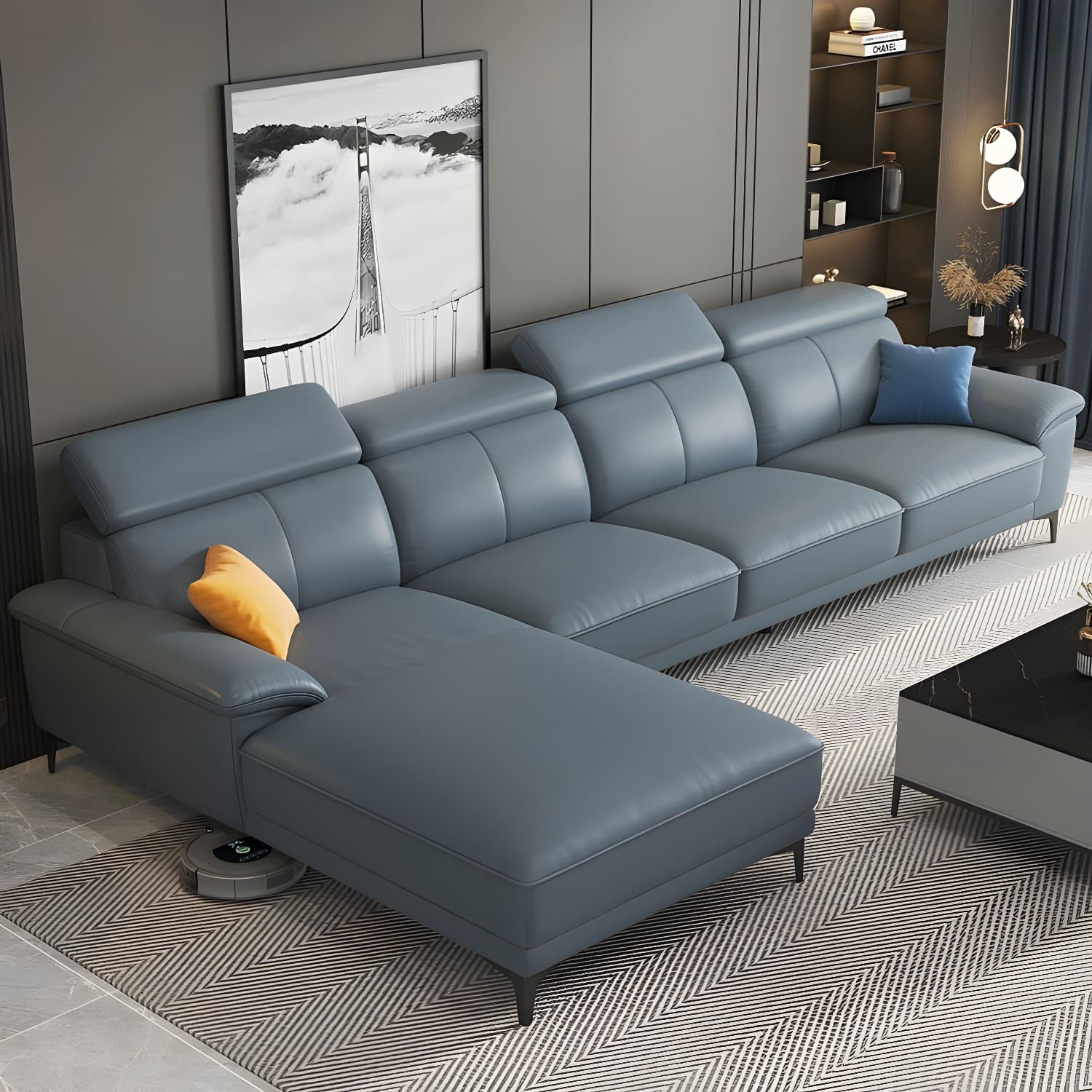 Modern Genuine Leather Sectional Sofa with Pillow Top Arms and Black Legs