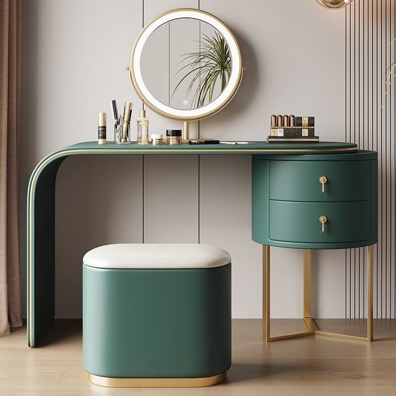 Standard Vanity Set with PU Table Top, Grey/Olive Green/Citrus Color Cushioned Stool, 2 Drawers, Mirror Lights, and Chair Included - image 3