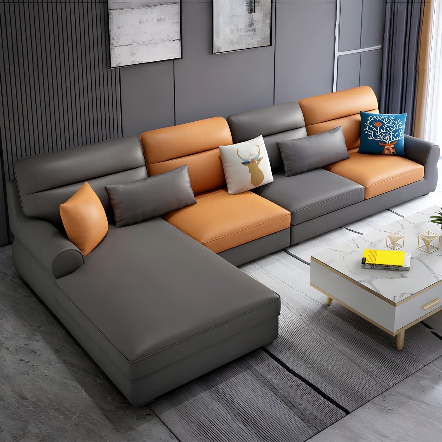 Large Modern L-Shape Stationary Wood Sectional Sofa with Round Arm and Cushion Back - image 7