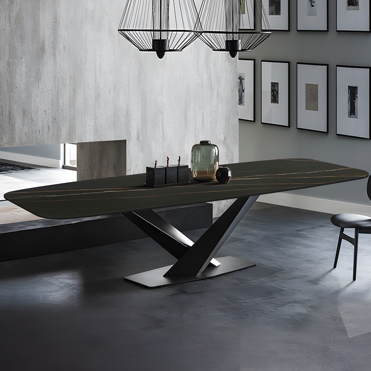 Sintered Stone Rectangle Dining Table Industrial Black Kitchen Table with Pedestal Base - image 4