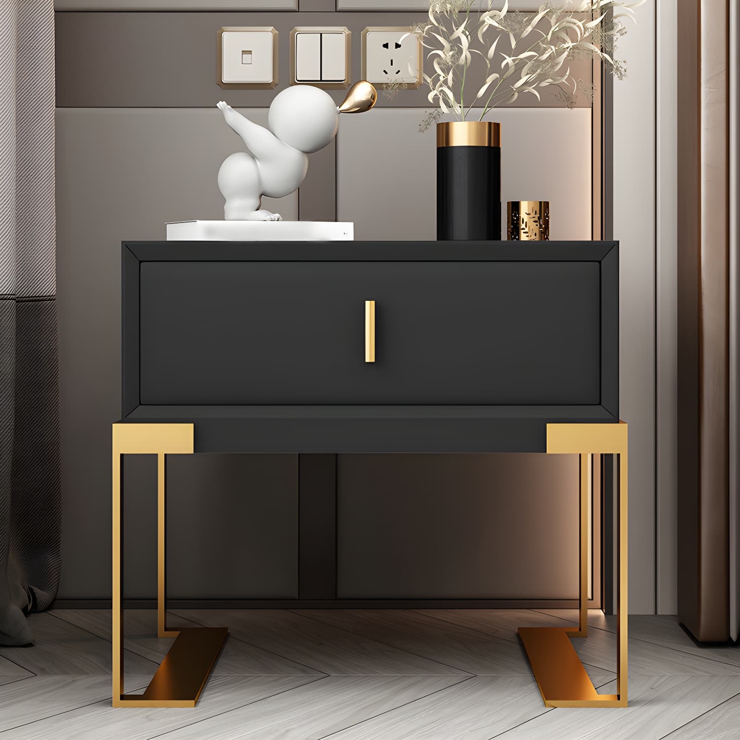 20'' Tall Glam Accent Table Nightstand Drawer Storage Faux Leather Nightstand with Legs