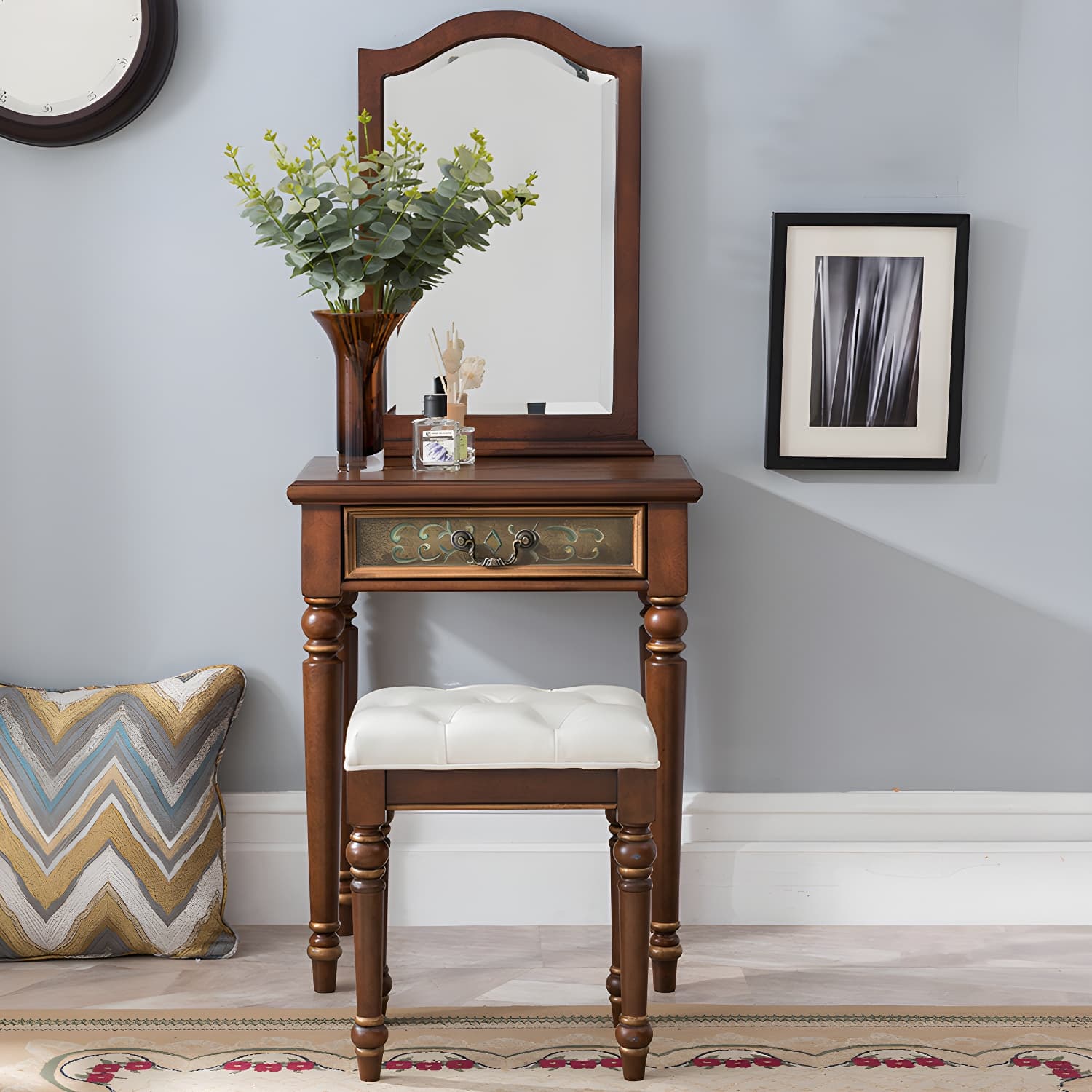 Victorian Wood Vanity Table with Mirror and Stool 15.75" D Vanity Table Set - image 13