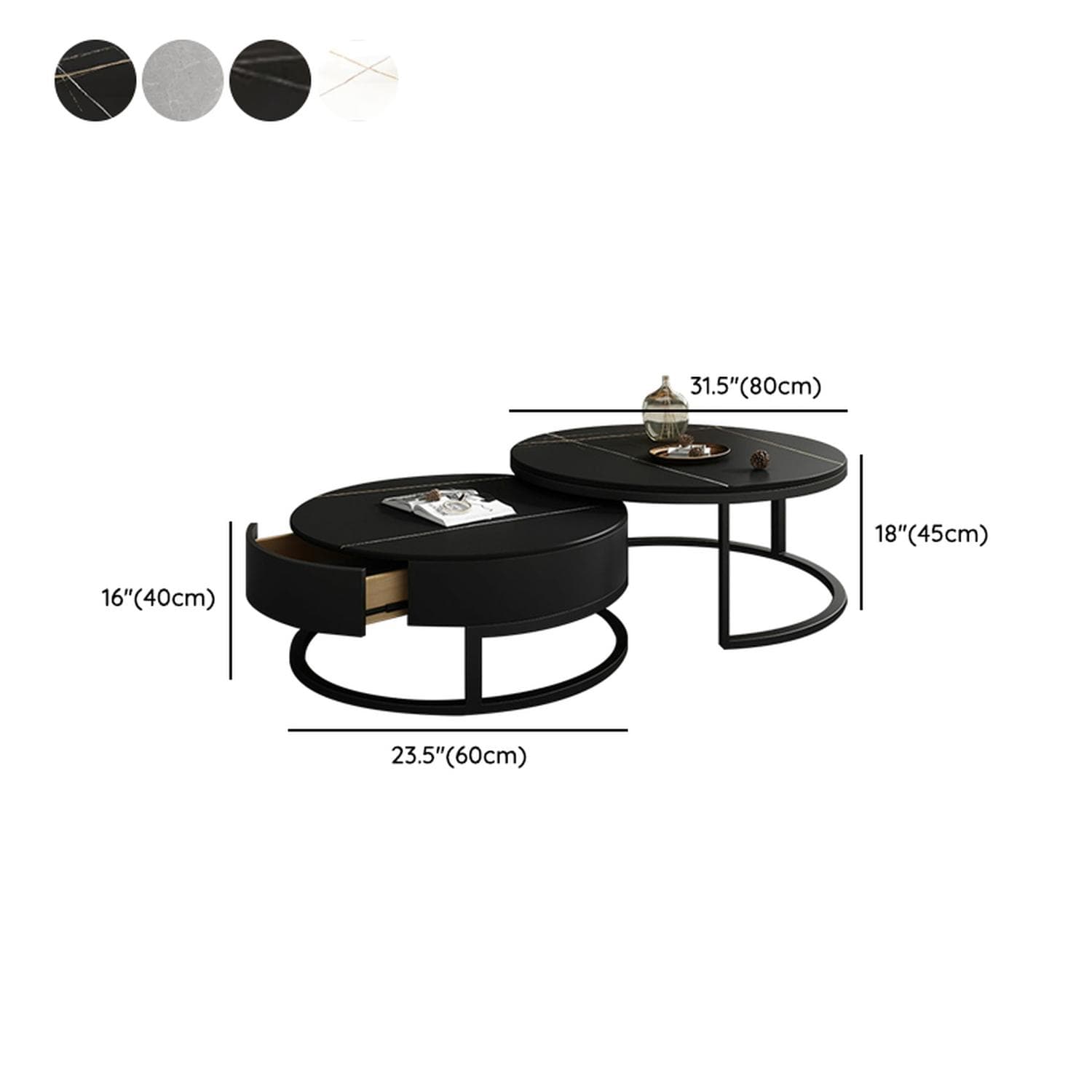 Modern Black Nesting Coffee Tables, 2 Set, Round Stone Top, Steel Frame with Storage - image 15