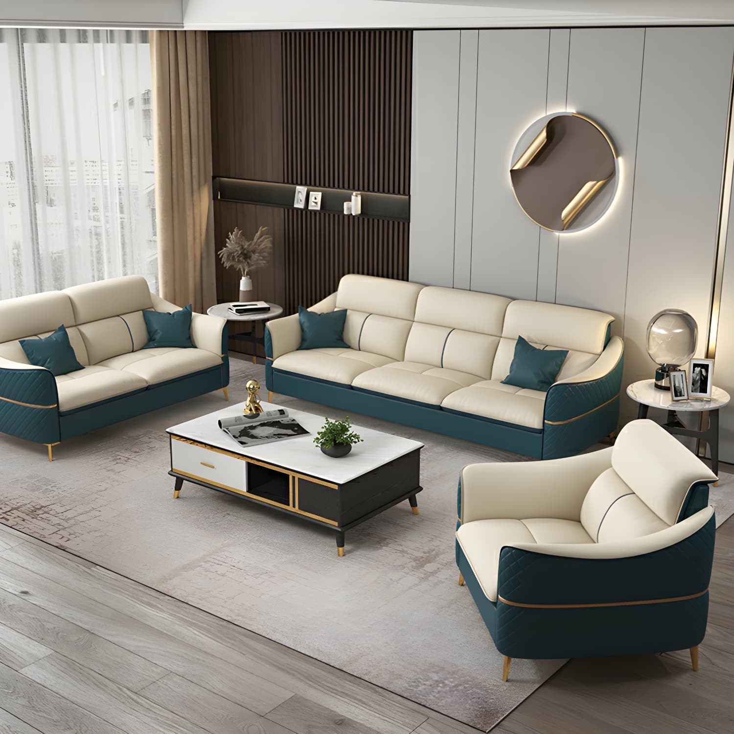 Modern Beige Leather Stationary Sectional Sofa with Cushion Back - image 11